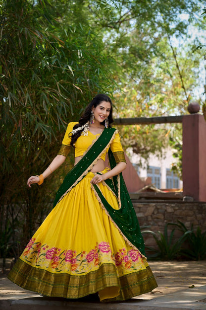 Yellow Cotton Silk Lehenga Choli Thread Embroidery with Drape Georgette Dupatta