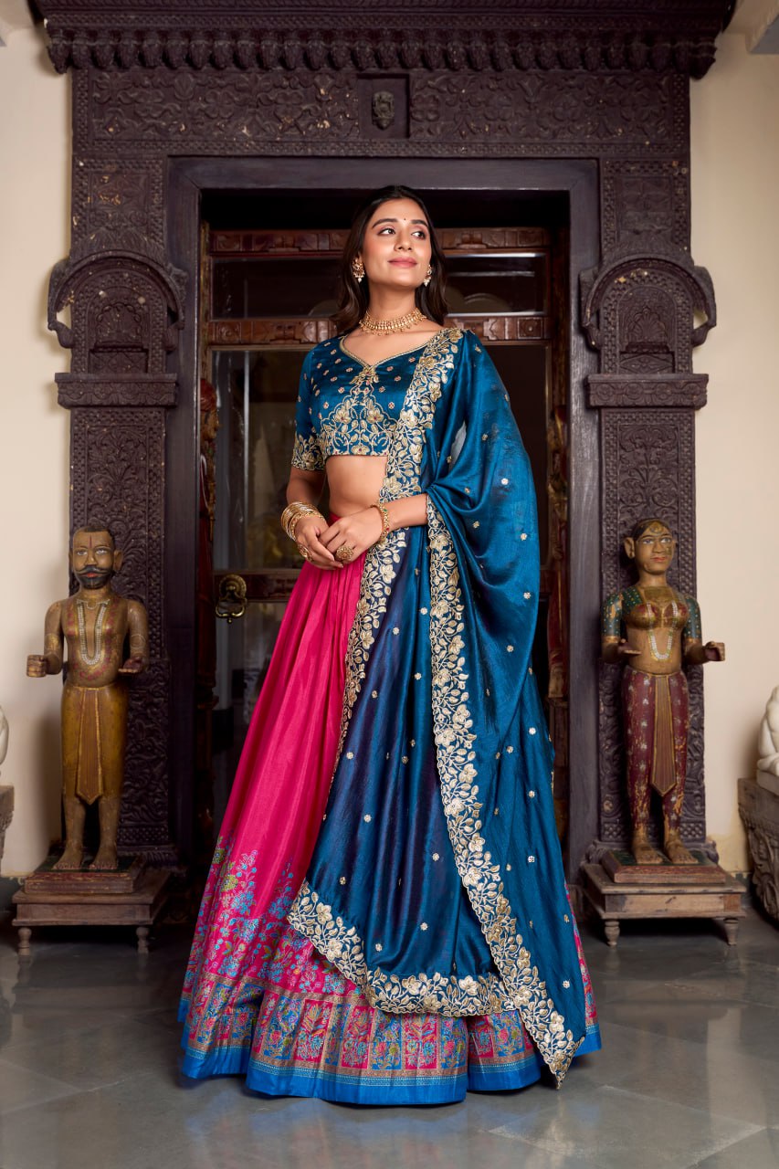 Royal Blue Designer Wedding Lehenga Choli with Foil Print & Dupatta