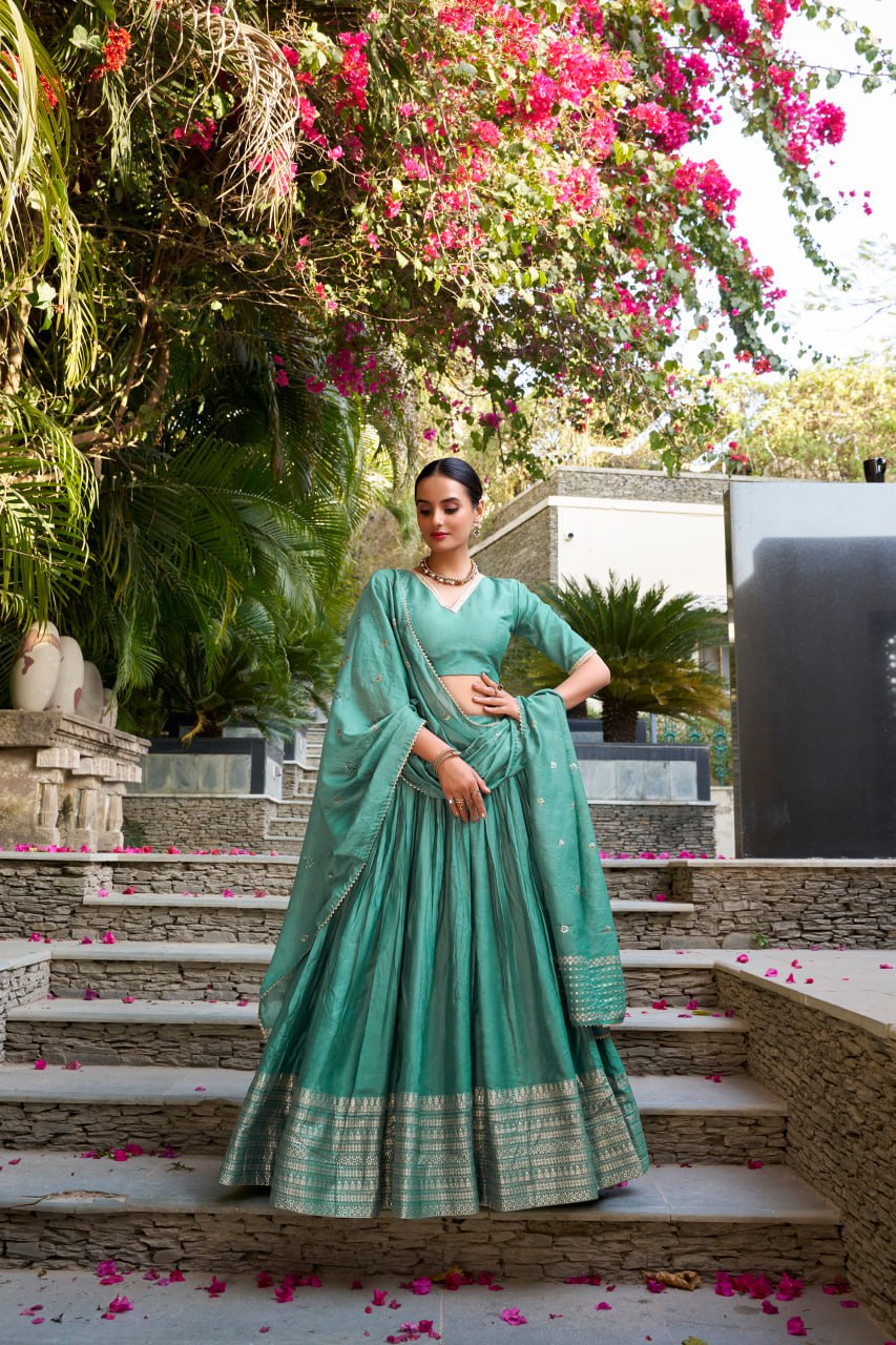 Pure Chanderi Bottle Green Chaniya Choli for Navratri with Zari Weaving Border & Sequins Dupatta
