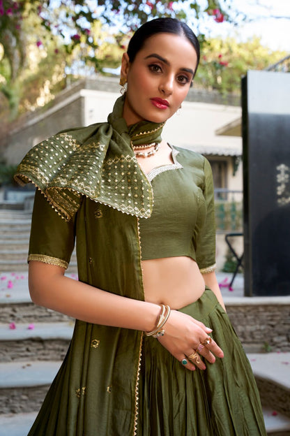 Pure Chanderi Mehendi Green Chaniya Choli for Navratri with Zari Weaving Border & Sequins Dupatta