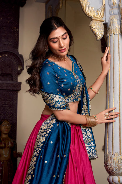 Royal Blue Designer Wedding Lehenga Choli with Foil Print & Dupatta