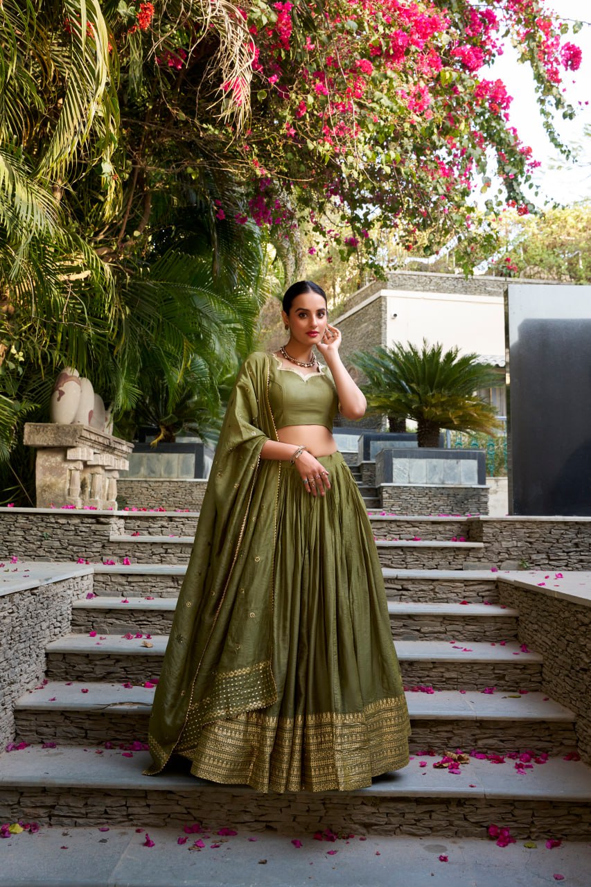 Pure Chanderi Mehendi Green Chaniya Choli for Navratri with Zari Weaving Border & Sequins Dupatta