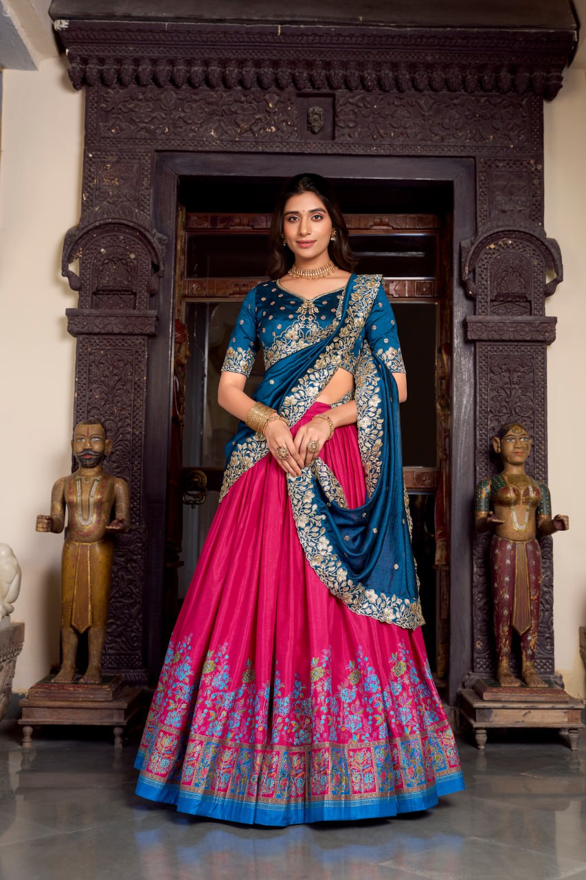 Royal Blue Designer Wedding Lehenga Choli with Foil Print & Dupatta