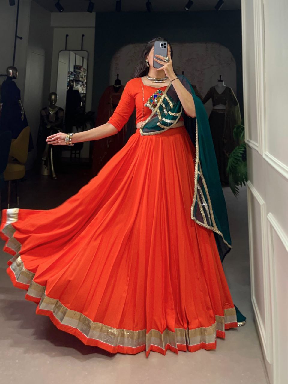 Navratri Collection 2025, Mirror Work Lehenga, Gamthi Work Blouse, Rayon Lehenga Choli, Kodi Lace Lehenga, Festival Lehenga 2025, Traditional Garba Outfit, 8 Meter Flair Lehenga, Cowrie Lace Choli, Ethnic Wear for Women, Dandiya Night Outfit, Indian Festive Wear, Embossed Rayon Lehenga