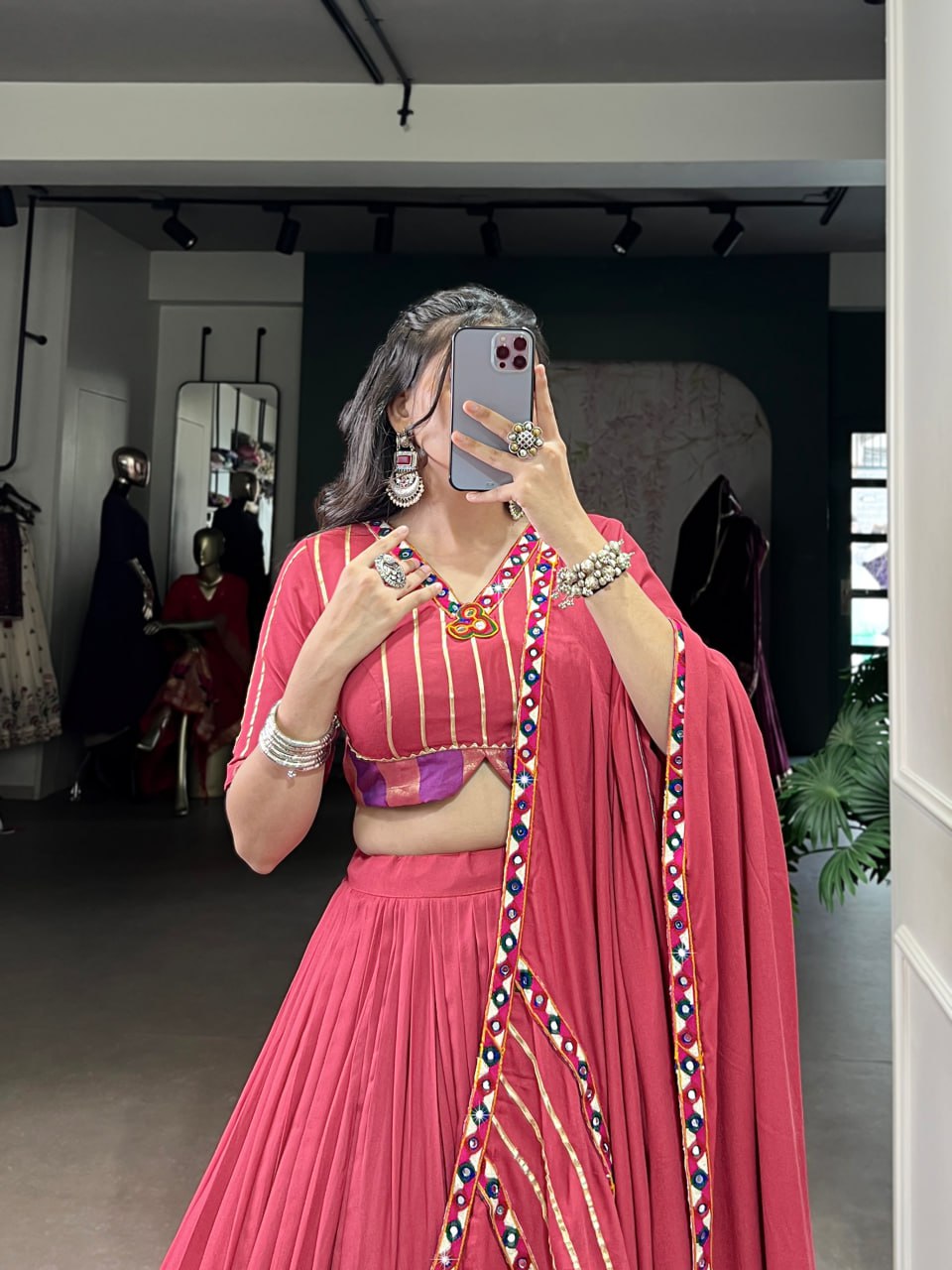 Light Pink Rayon Original Mirror Work Gamthi Lehenga Choli