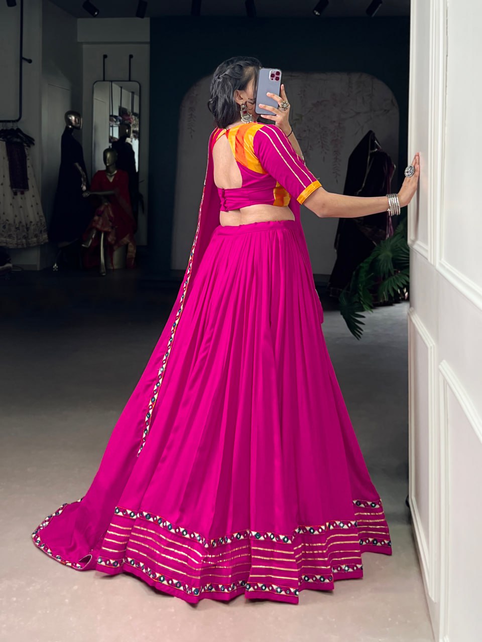 Pink Rayon Original Mirror Work Gamthi Lehenga Choli
