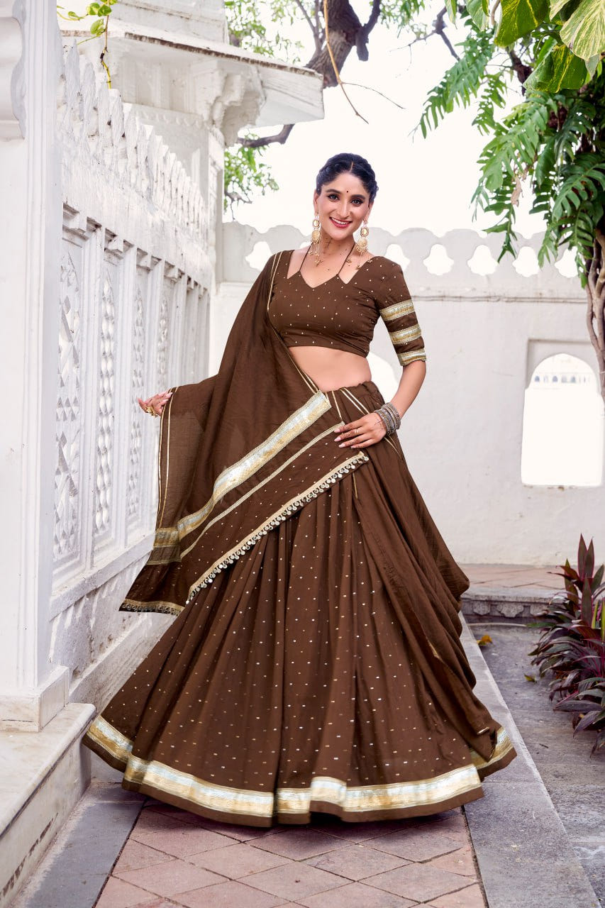 Brown Pure Chanderi Silk Lehenga Choli With Zari Weaving & Lace Touch Up