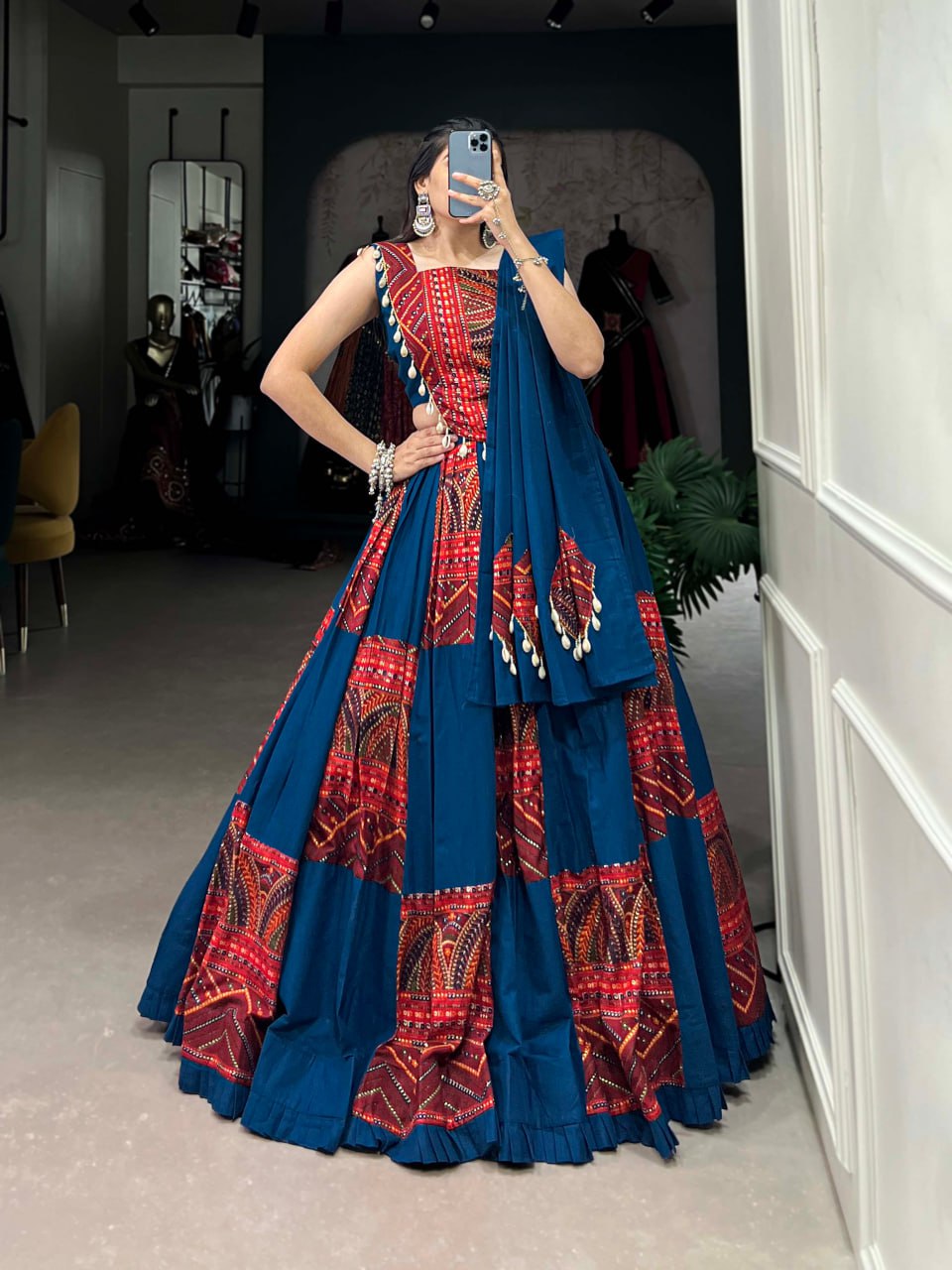 Blue Pure Cotton Printed Foil Work Navratri Lehenga Choli with Dupatta
