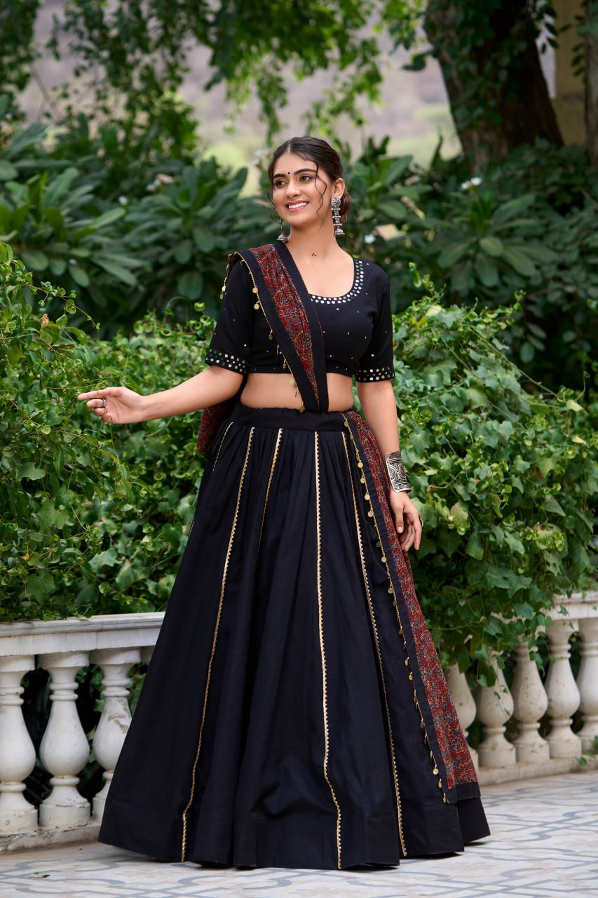 Black Pure Cotton Kutchi Hand Work Chaniya Choli with Printed Dupatta