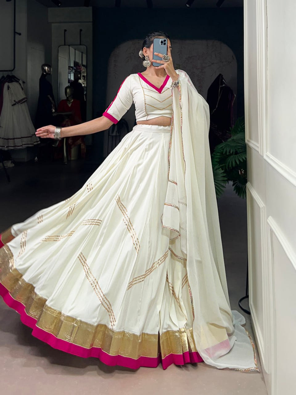 White Rayon Navratri Lehenga Choli with Mirror & Gota Patti Work