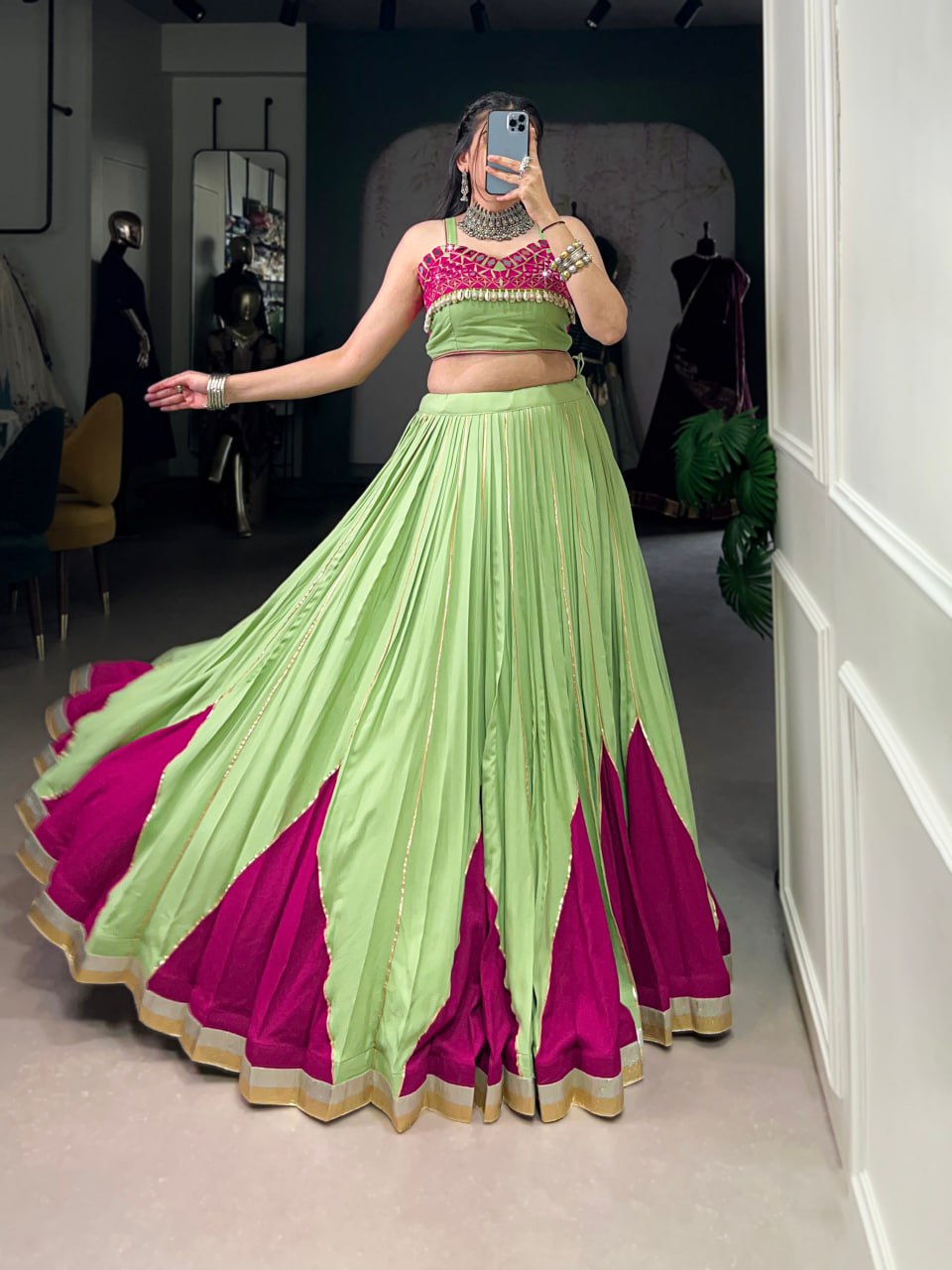 Pure Rayon Green Navratri Lehenga, Green Gamthi Work Lehenga Choli, Mirror Work Navratri Outfit, Gota Patti Blouse Lehenga Choli, Stitched Rayon Lehenga for Women, Green Traditional Navratri Chaniya Choli, Designer Lehenga Choli 2025, Festival Wear Lehenga for Garba, Cowrie Lace Work Lehenga Choli, Women’s Ethnic Wear for Navratri