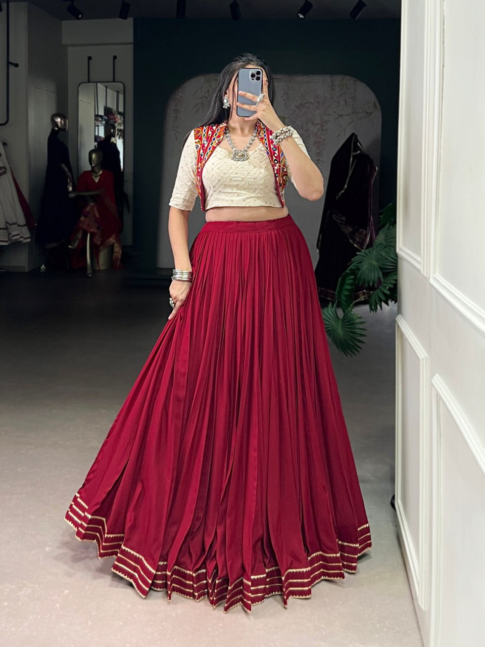 Designer Rayon Lehenga Choli with Khadi Cotton Mirror Gamthi Blouse