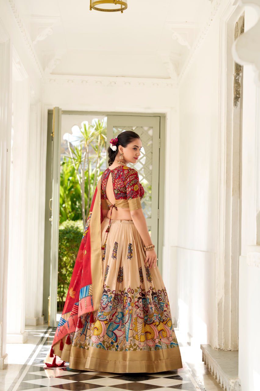 Dola Silk Lehenga Choli, Kalamkari Print Garba Choli, Festival Wear Lehenga Choli 2025, Designer Silk Lehenga for Women, Traditional Garba Outfit Online, Weaving Border Lehenga Choli Set, Tassel Dupatta Lehenga Choli, Indian Ethnic Wear for Festivals, Stitched Dola Silk Lehenga Set, Kalamkari Print Silk Chaniya Choli