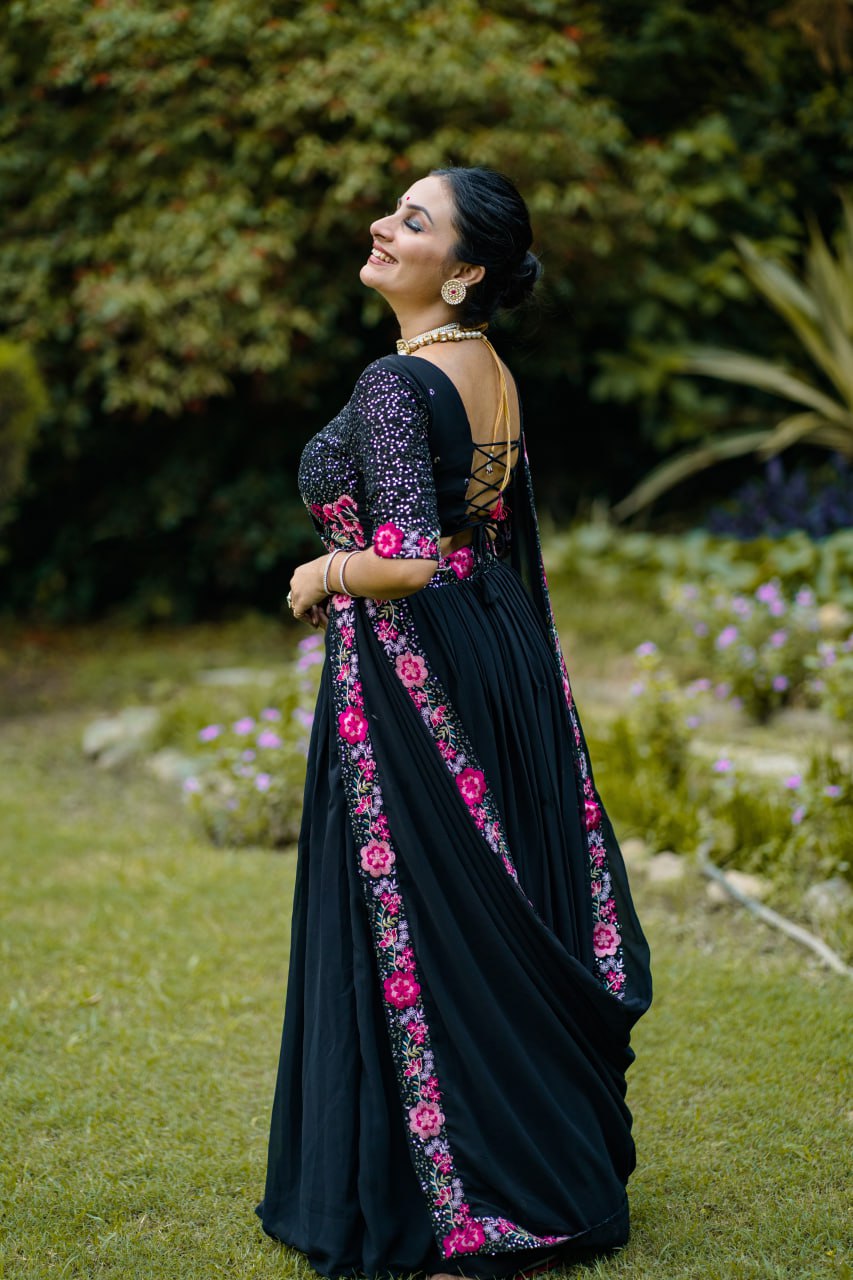 Black Georgette Lehenga Choli with Sequins & Thread Embroidery