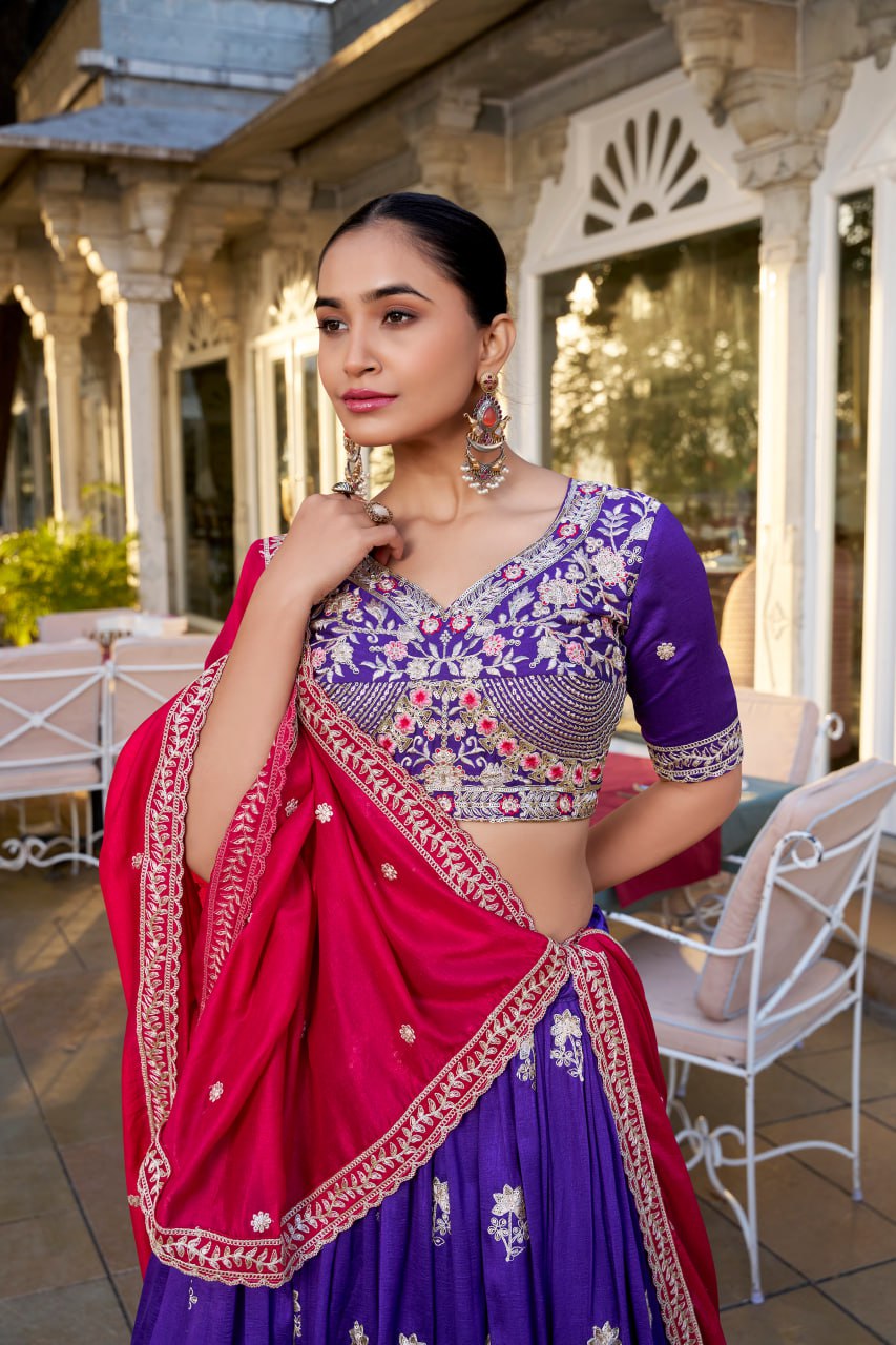 Purple Vichitra Silk Bridesmaid Lehenga Choli with Sequins & Thread Embroidery