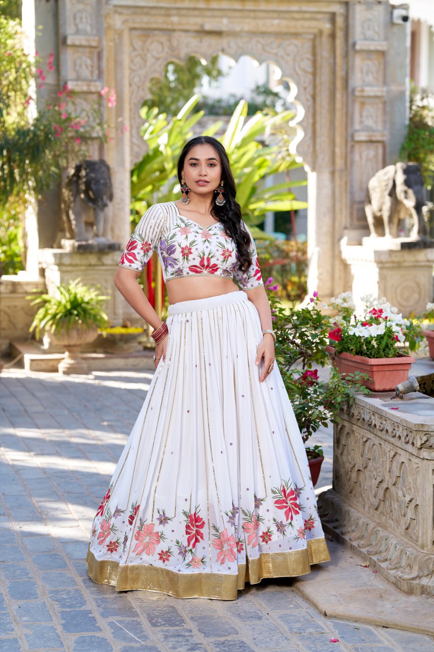 Designer White Bridal Party Lehenga Choli with Sequins & Thread Embroidery