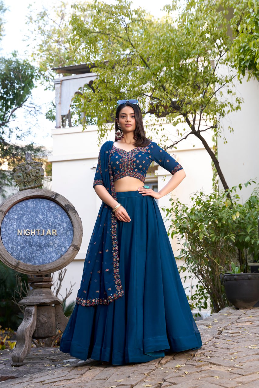 Navy Blue Georgette Bollywood Lehenga Choli with Sequins Embroidered Blouse & Dupatta