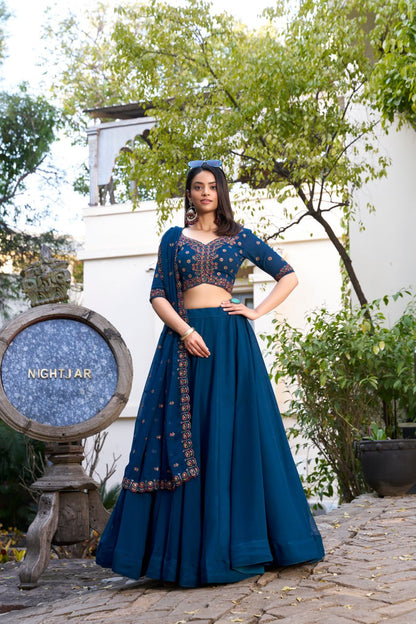 Navy Blue Georgette Bollywood Lehenga Choli with Sequins Embroidered Blouse & Dupatta
