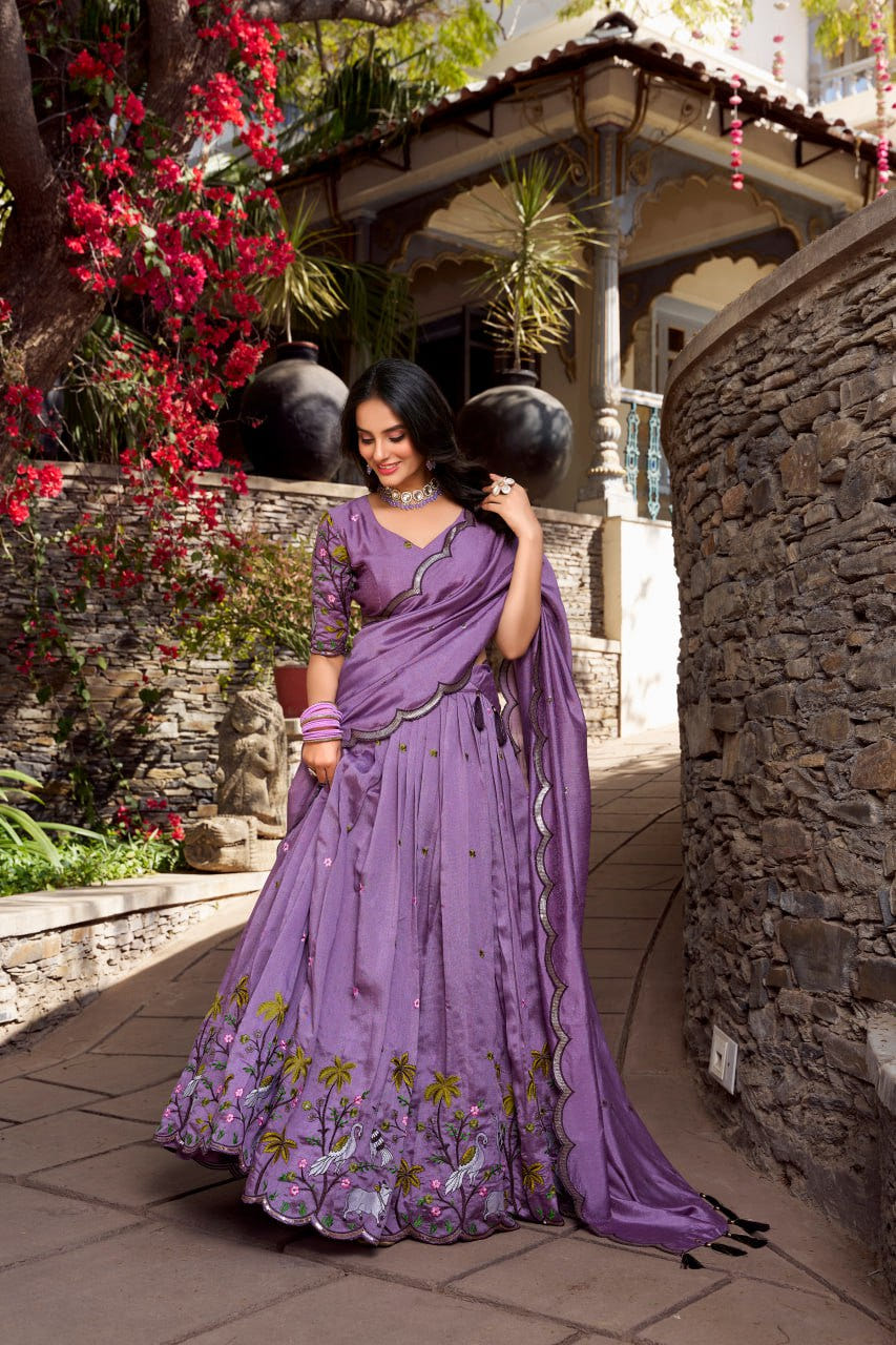 Designer Lavender Vichitra Simmer Party Wear Lehenga Choli