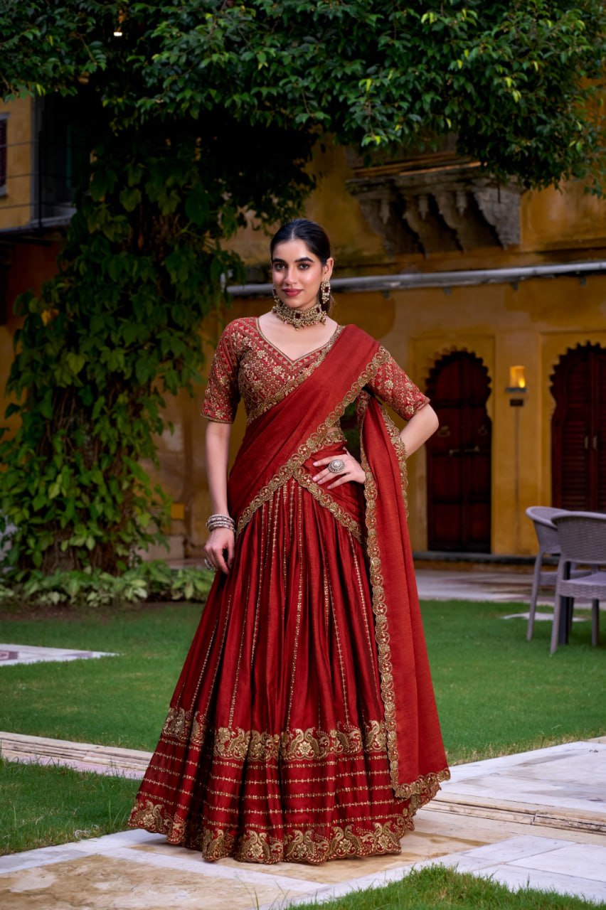 Designer Rust Orange Rangoli Silk Party Wear Lehenga Choli