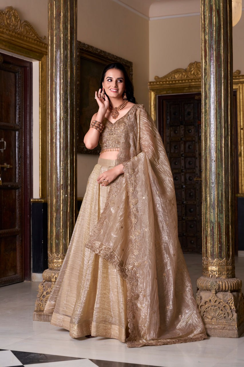Light Brown Color Bridesmaid Lehenga Choli in Gold Crush With Heavy Blouse Sequins Embroidery Work