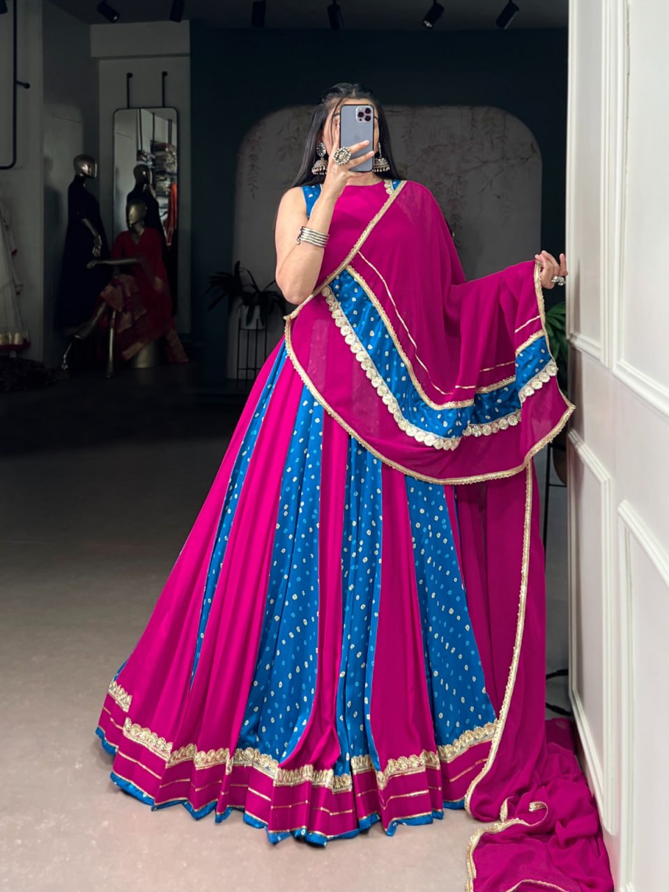 Magenta & Blue Bandhani Chaniya Choli for Navratri in Tasar Silk with Lace Detail