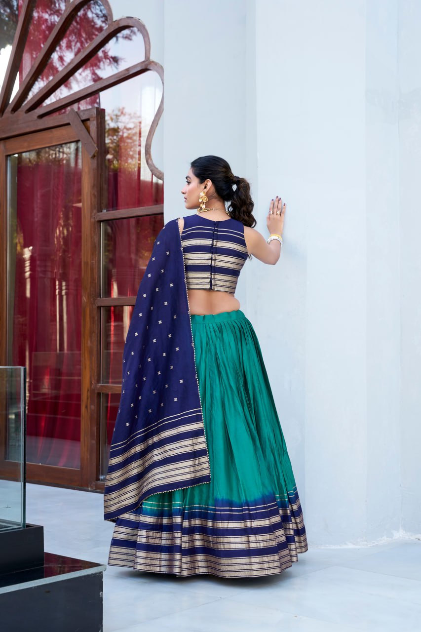 Designer Pure Chanderi Teal Green Bridal Lehenga Choli with Zari Weaving Work & Dupatta