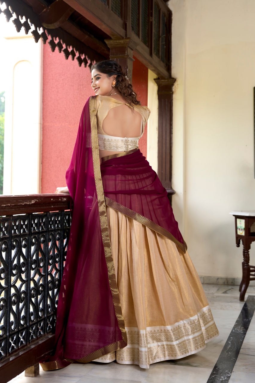 Cream Heritage Kanchipuram Silk Lehenga Choli with Zari Weaving & Dupatta