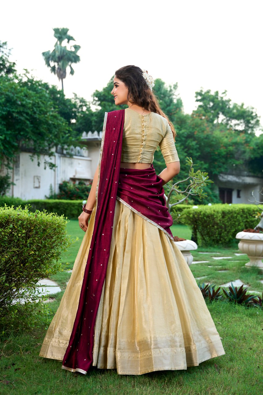 Cream Kanchipuram Lehenga Choli with Zari Weaving Work & Vichitra Silk Embroidered Dupatta