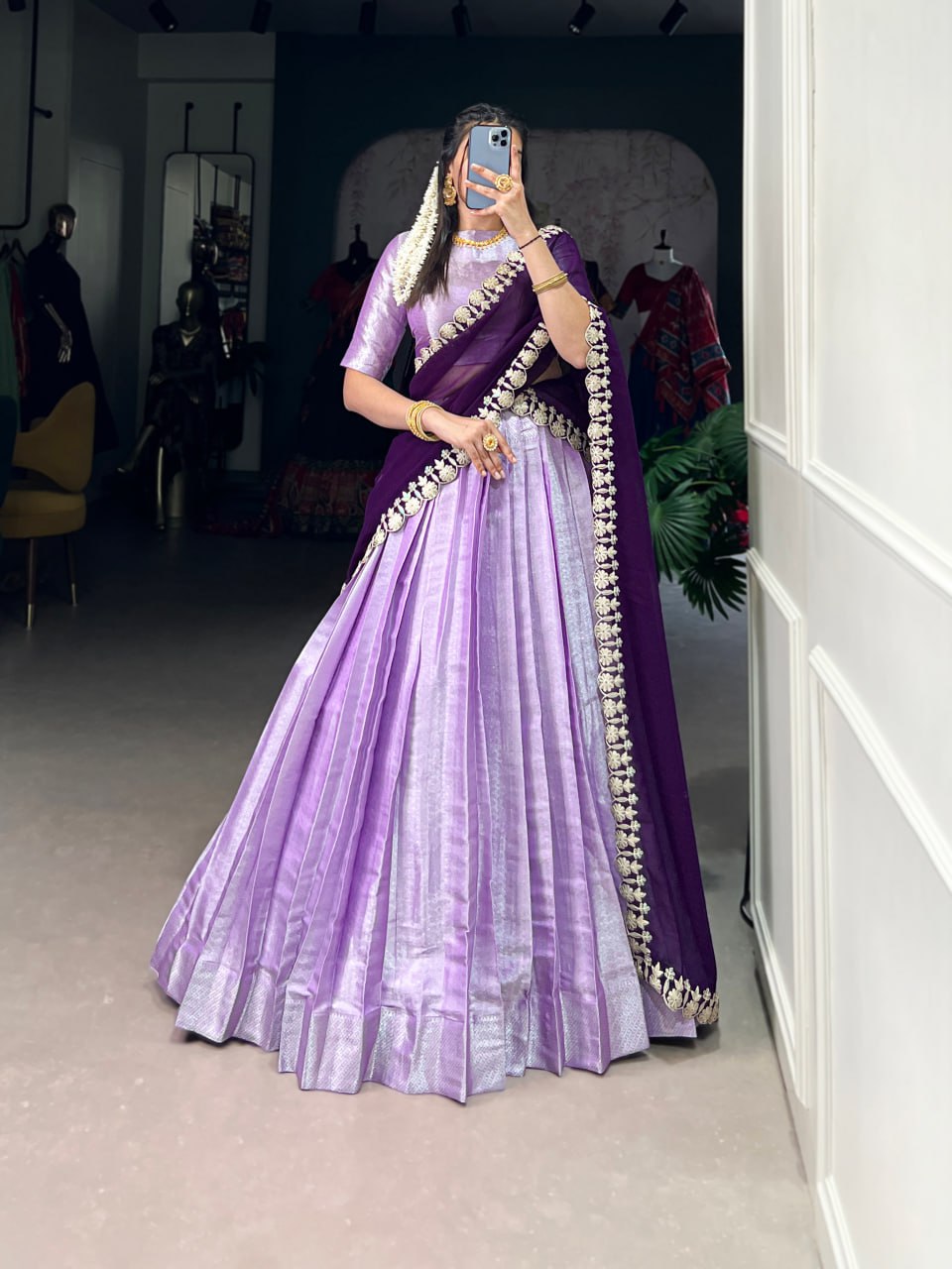 Festive Lavender Lehenga Choli with Weaving Work & Georgette Embroidered Dupatta