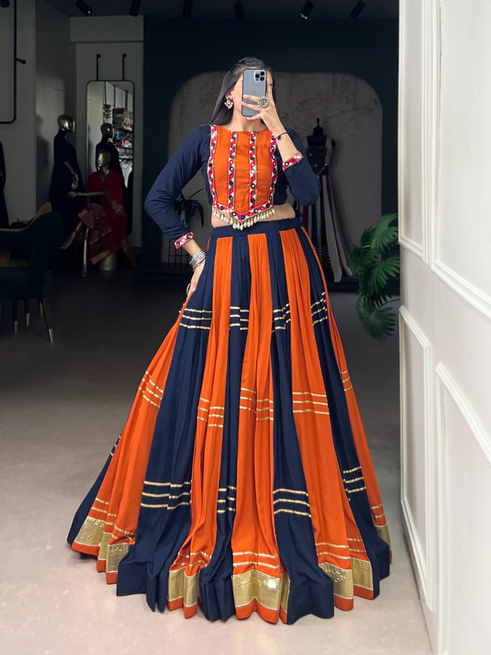 Pure Rayon Mirror Gamthi Work Chaniya Choli for Navratri & Gota Patti Lace