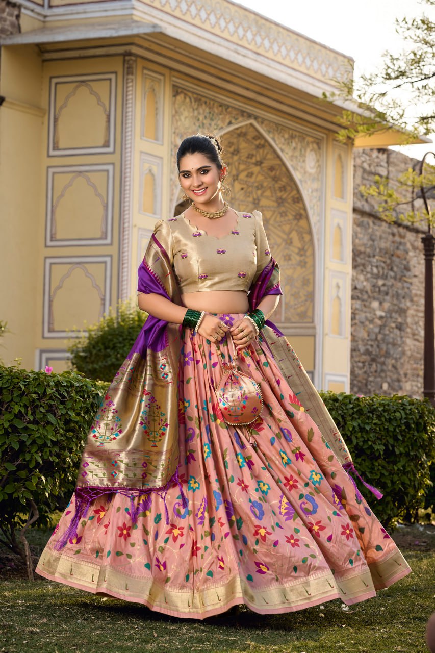 Peach Paithani Lehenga Choli with Zari Weaving Work, Dupatta & Batwa