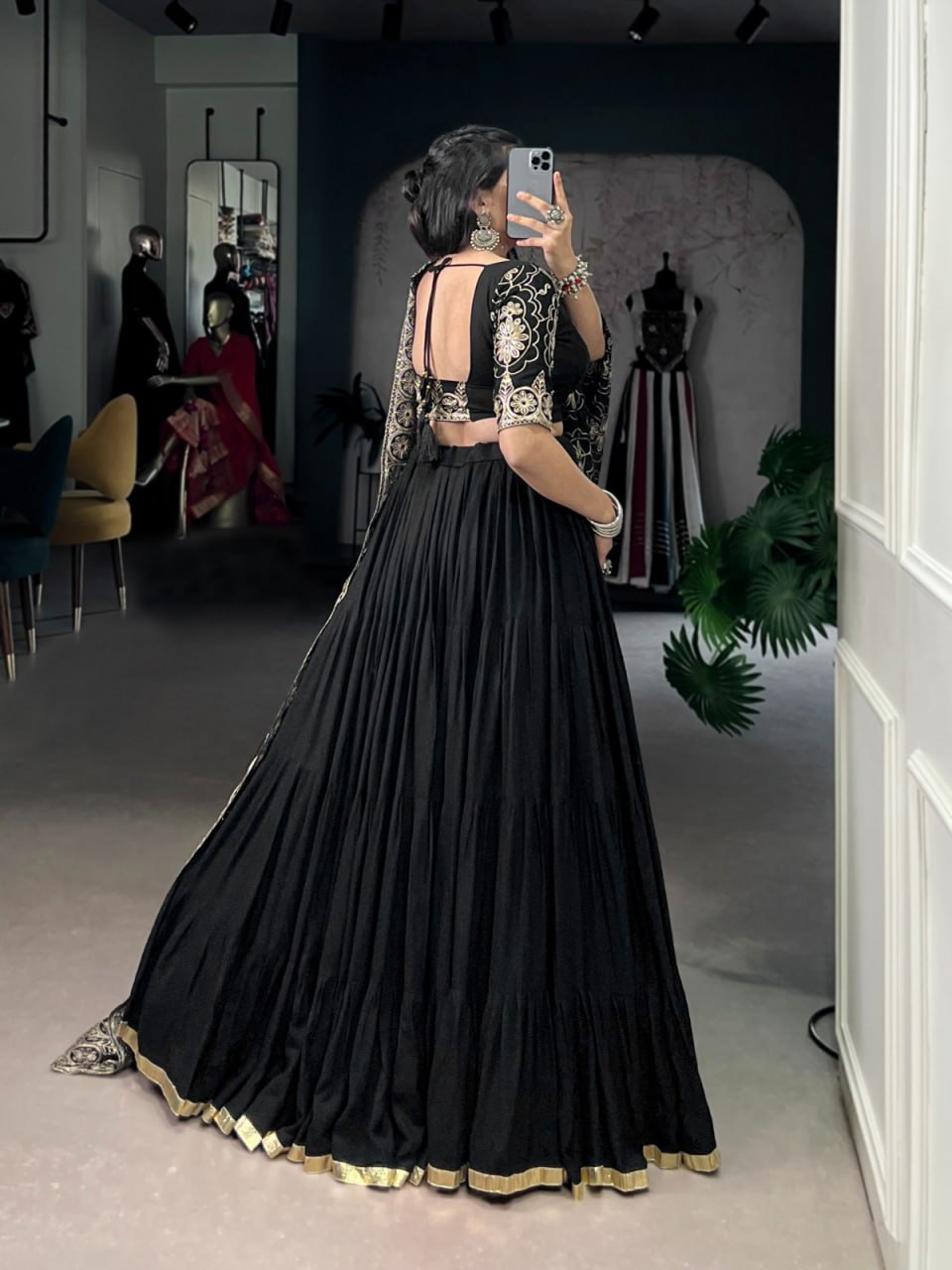 Black Rayon Chaniya Choli for Navratri with Golden Embroidery