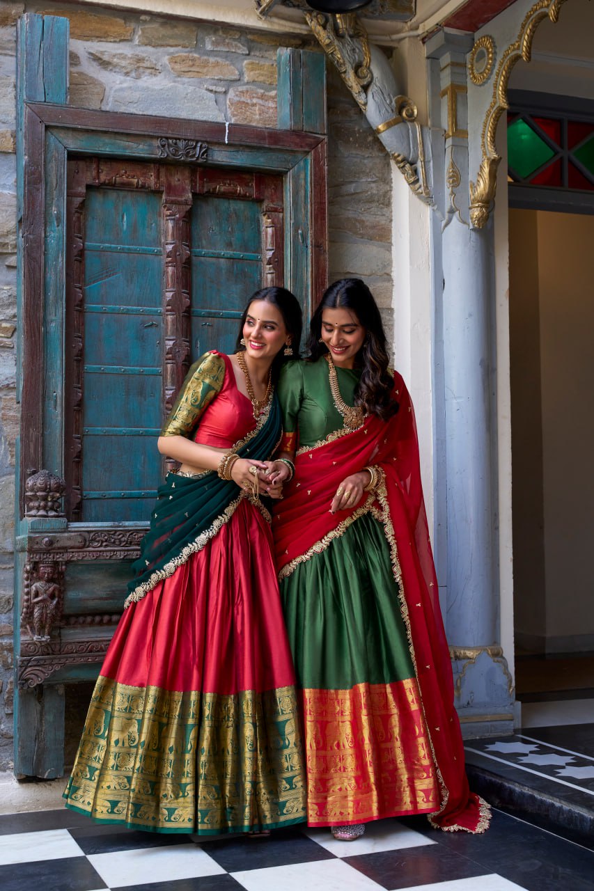 Designer Dark Green Lehenga Choli with Zari Weaving & Dupatta