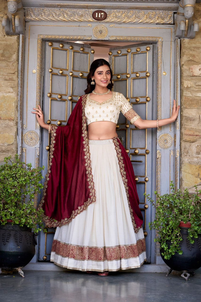 White Party Wear Lehenga Choli with Zari Weaving & Dupatta