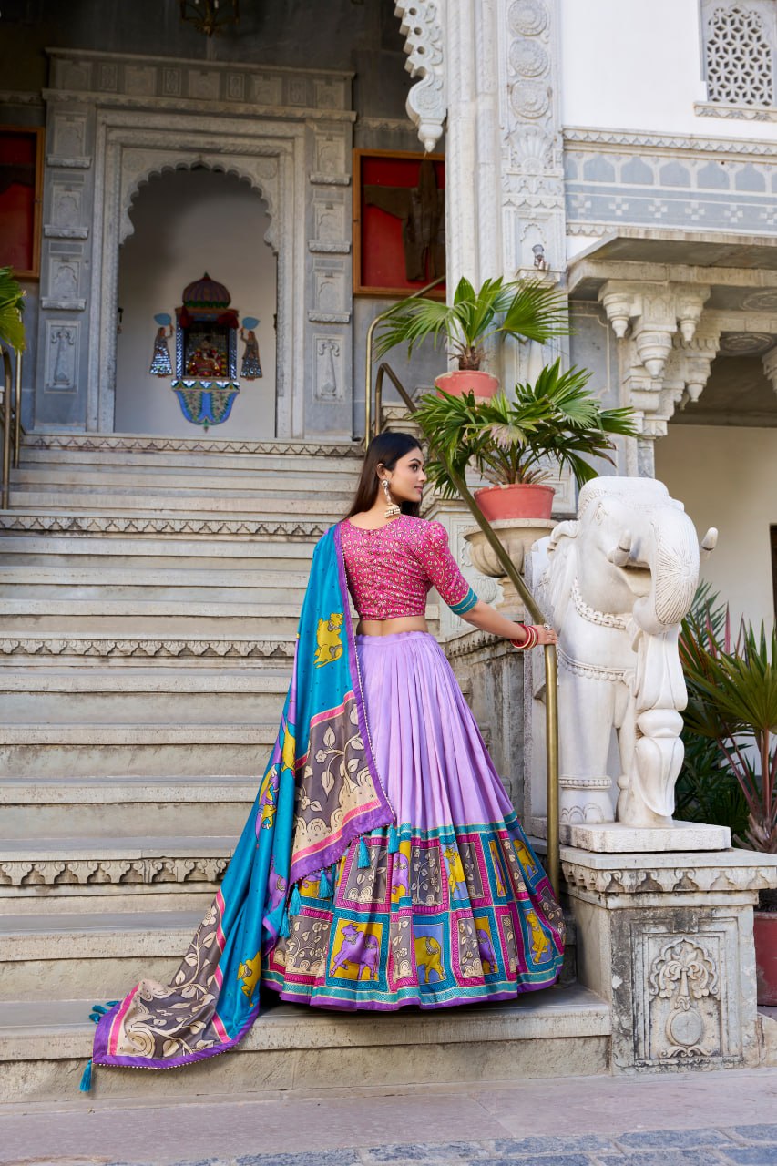 Turquoise Blue & Purple Kalamkari Lehenga Choli with Foil Work & Gota Patti Dupatta
