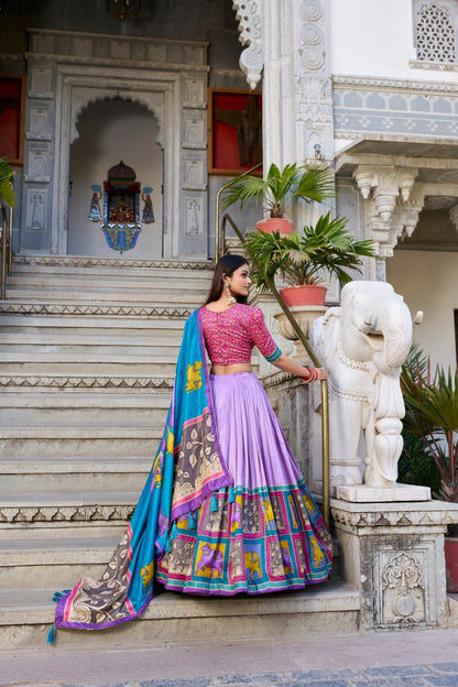 Turquoise Blue & Purple Kalamkari Lehenga Choli with Foil Work & Gota Patti Dupatta