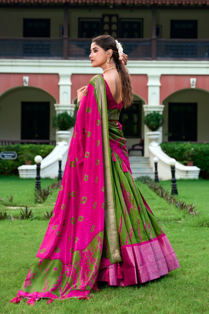 Pink Shibori Print Lehenga Choli with Zari Weaving Border & Tassel Dupatta