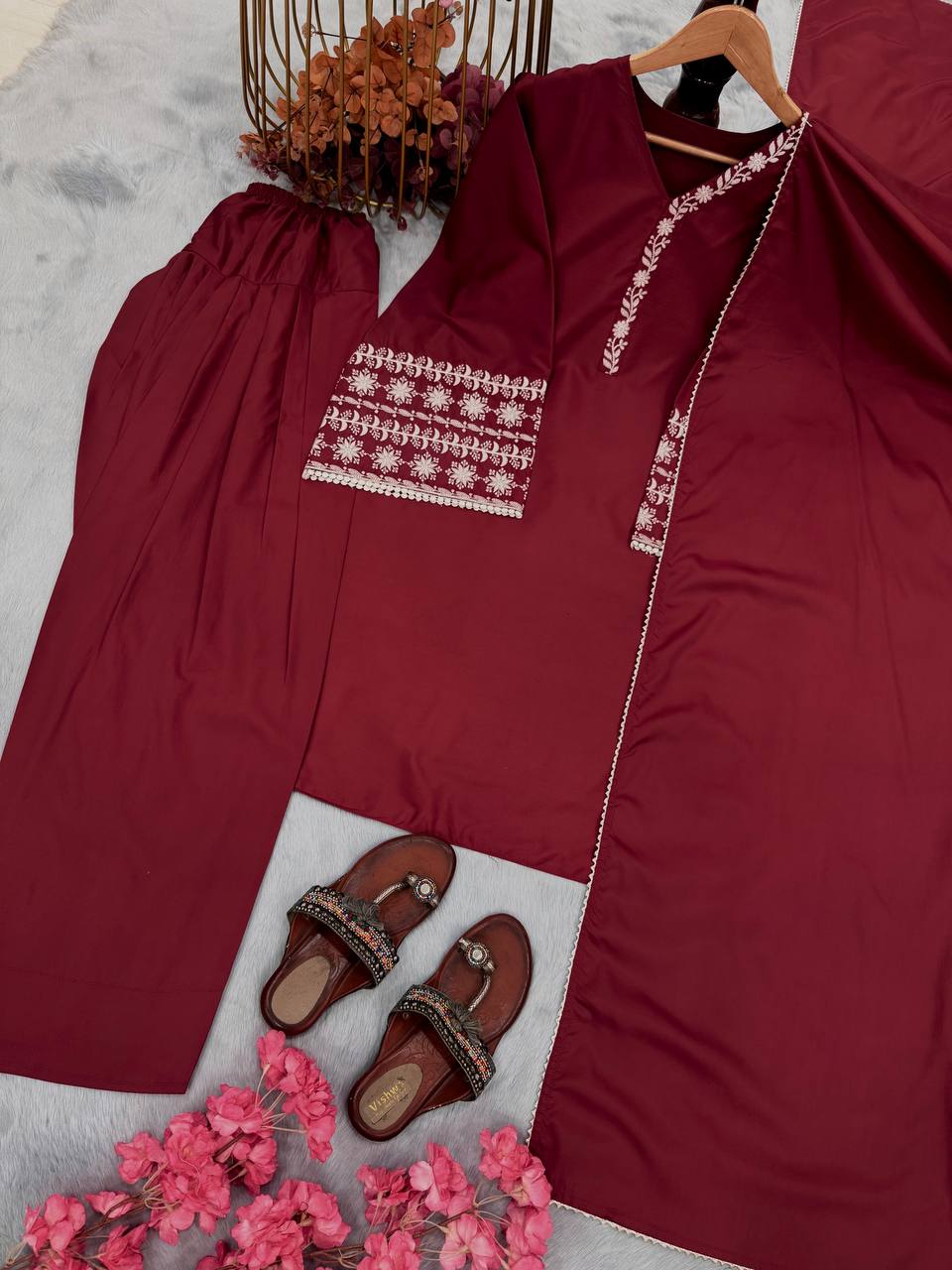 Maroon Designer Natural Satin Farshi Plazzo and Dupatta For Party Wear