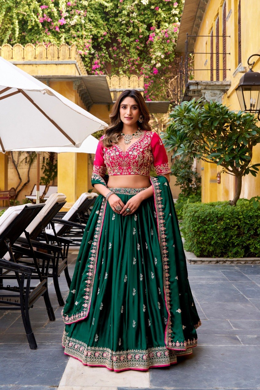Dark Green Silk Satin Work Lehenga Choli with Dupatta