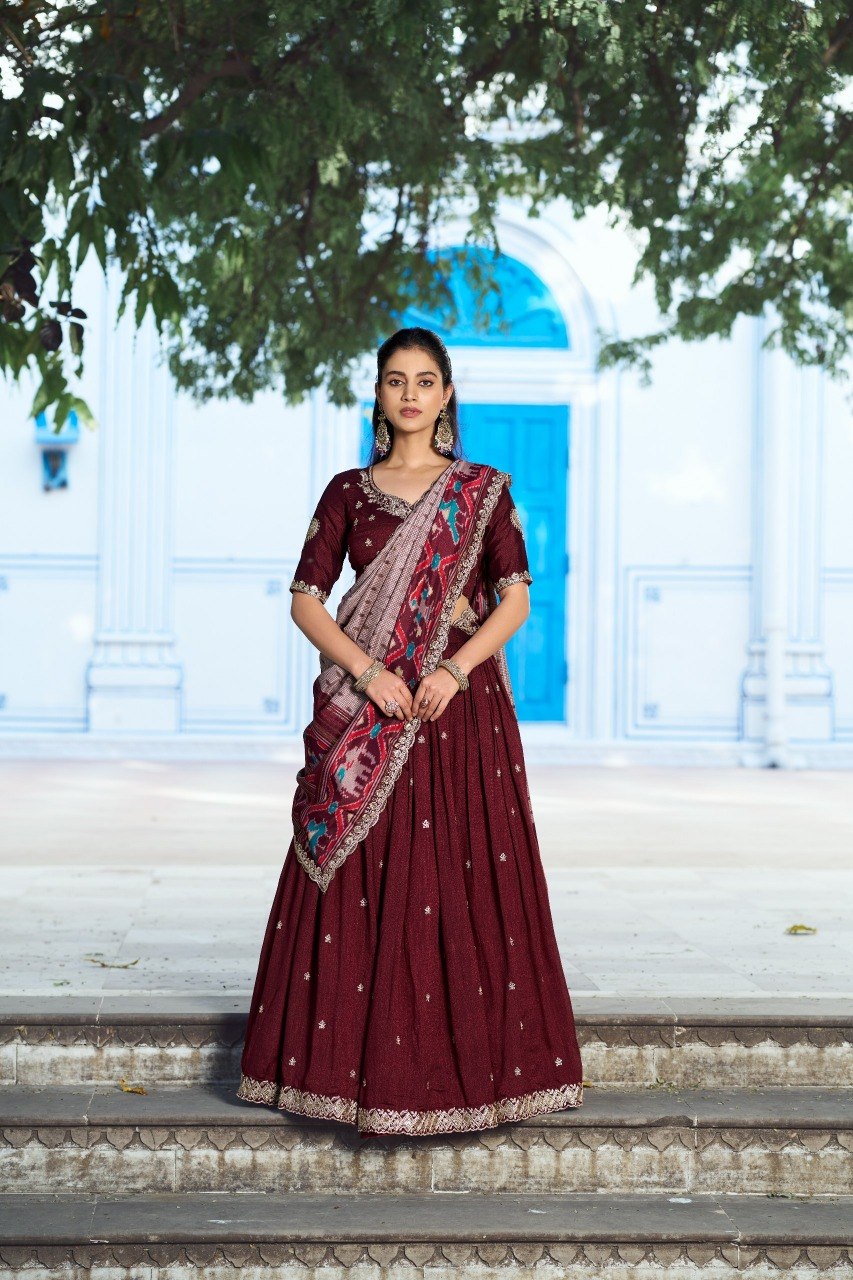Marron Vichitra Silk Work Lehenga Choli with Ikkat Printed Dupatta