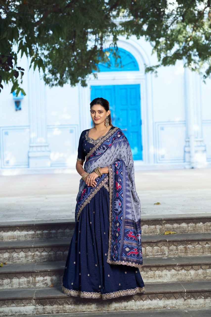 Navy Blue Silk Work Lehenga Choli with Ikkat Printed Dupatta