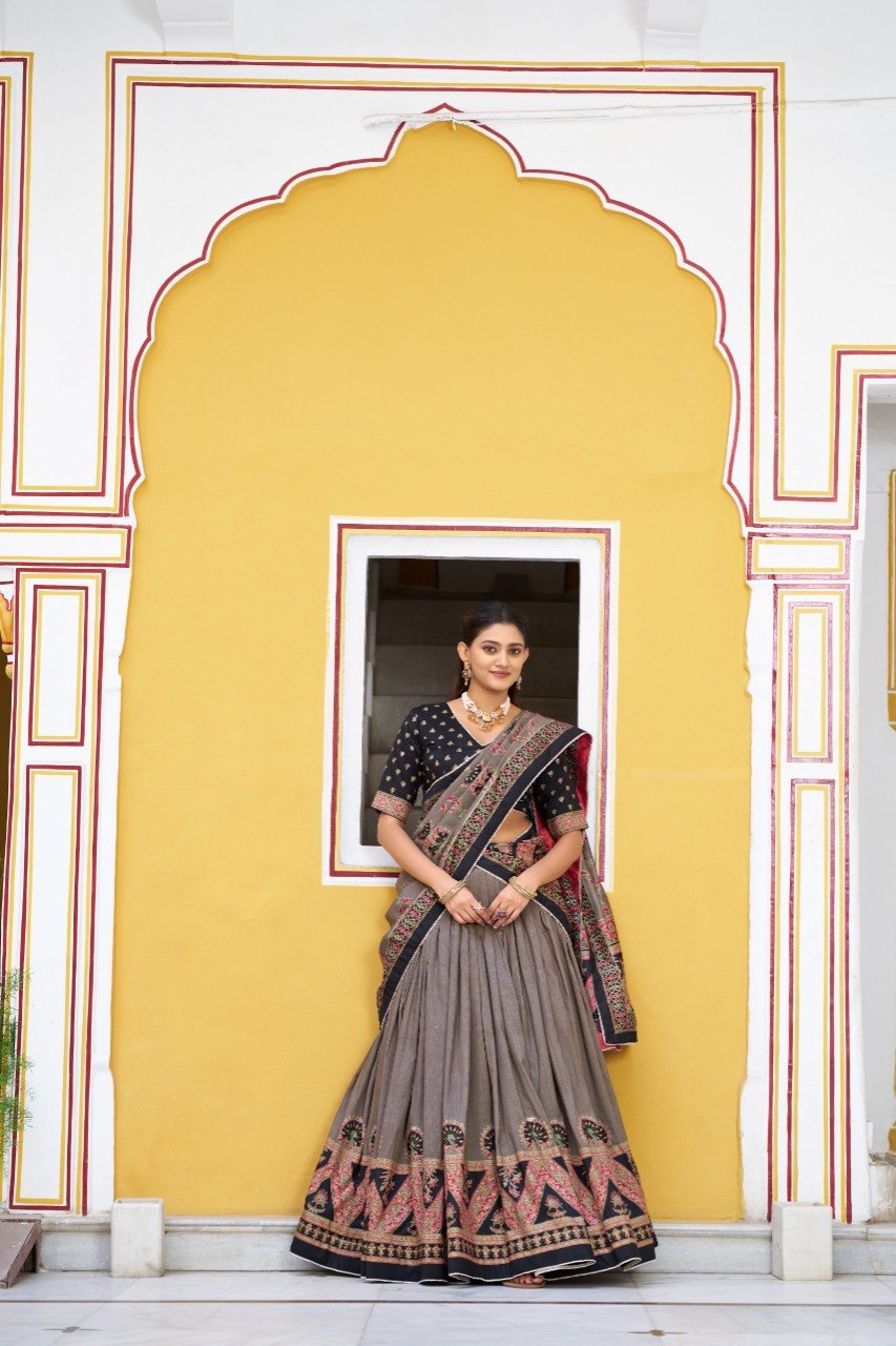 Grey and Black Tasar Silk Work Lehenga Choli Iconic Sparkle with Dupatta