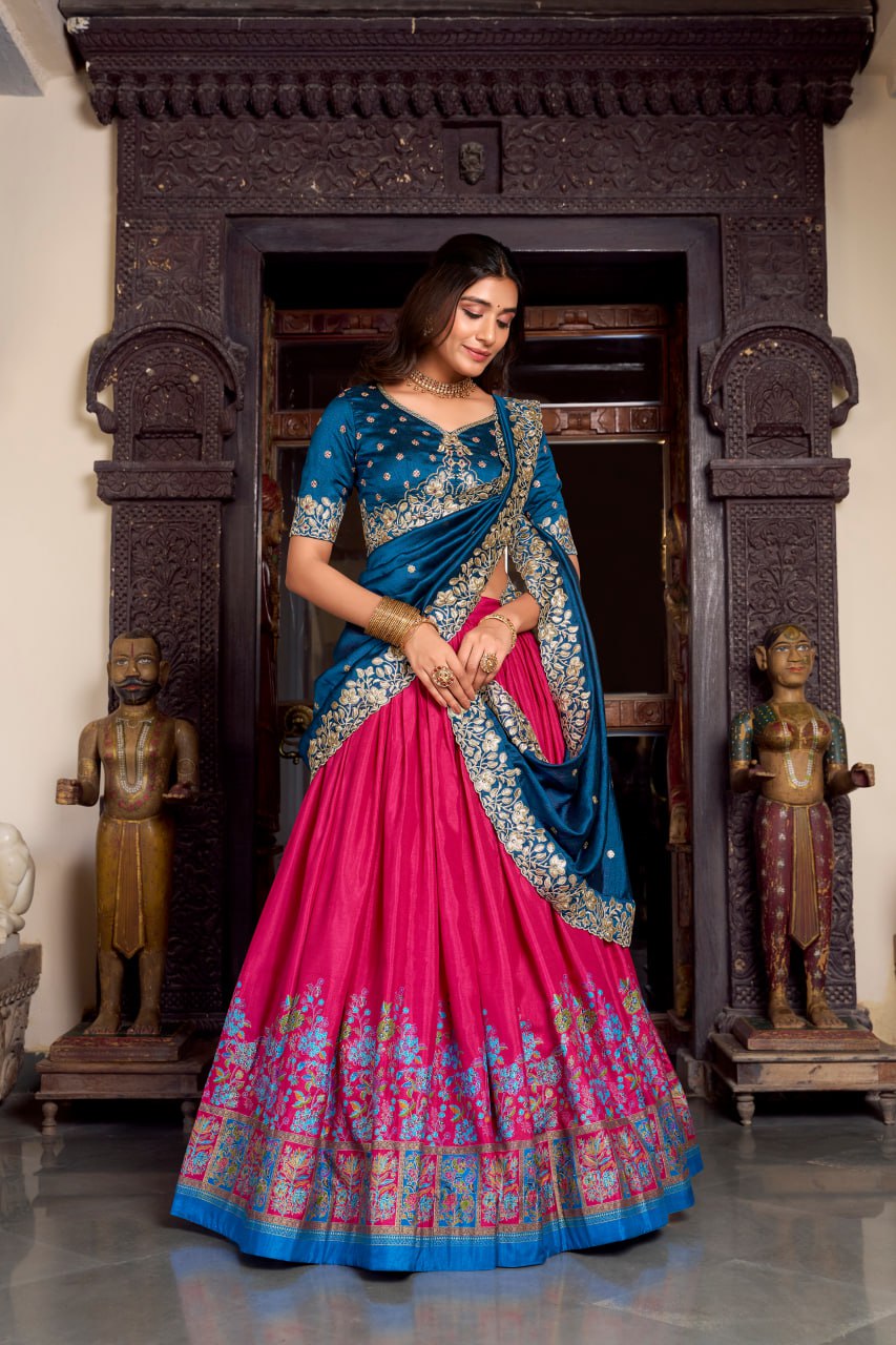 Royal Blue Designer Wedding Lehenga Choli with Foil Print & Dupatta