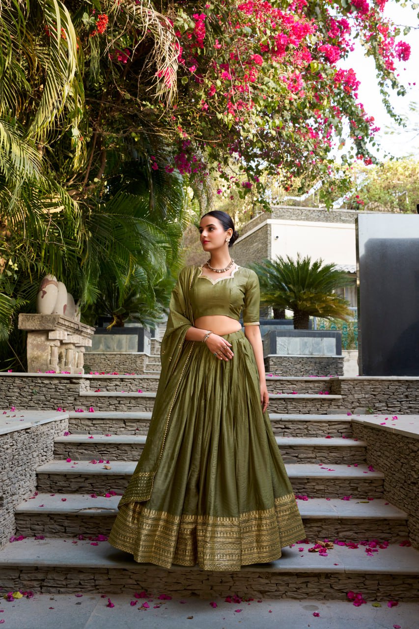 Pure Chanderi Mehendi Green Chaniya Choli for Navratri with Zari Weaving Border & Sequins Dupatta