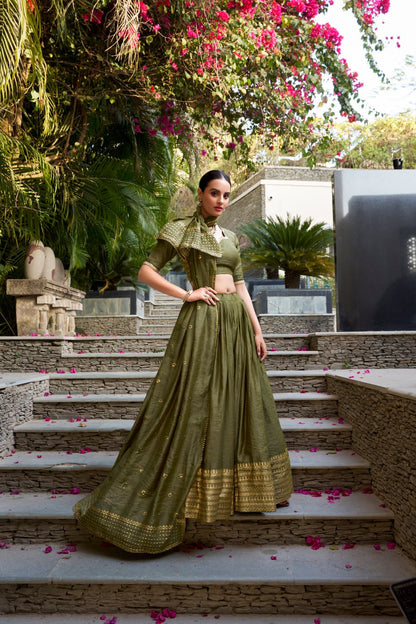 Pure Chanderi Mehendi Green Chaniya Choli for Navratri with Zari Weaving Border & Sequins Dupatta