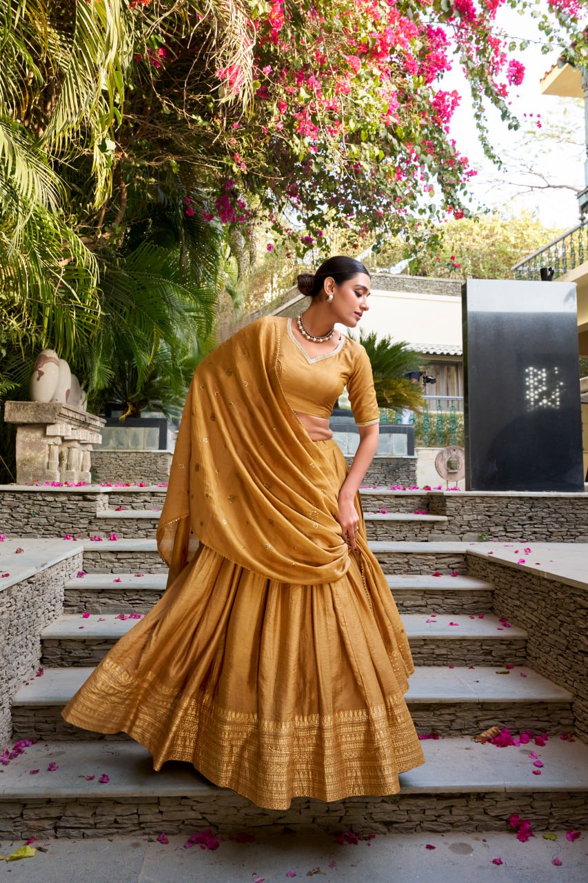 Pure Chanderi Mustard Yellow Chaniya Choli for Navratri with Zari Weaving Border & Sequins Dupatta