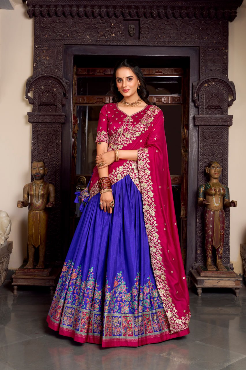 Pink Blue Designer Wedding Lehenga Choli with Foil Print & Dupatta