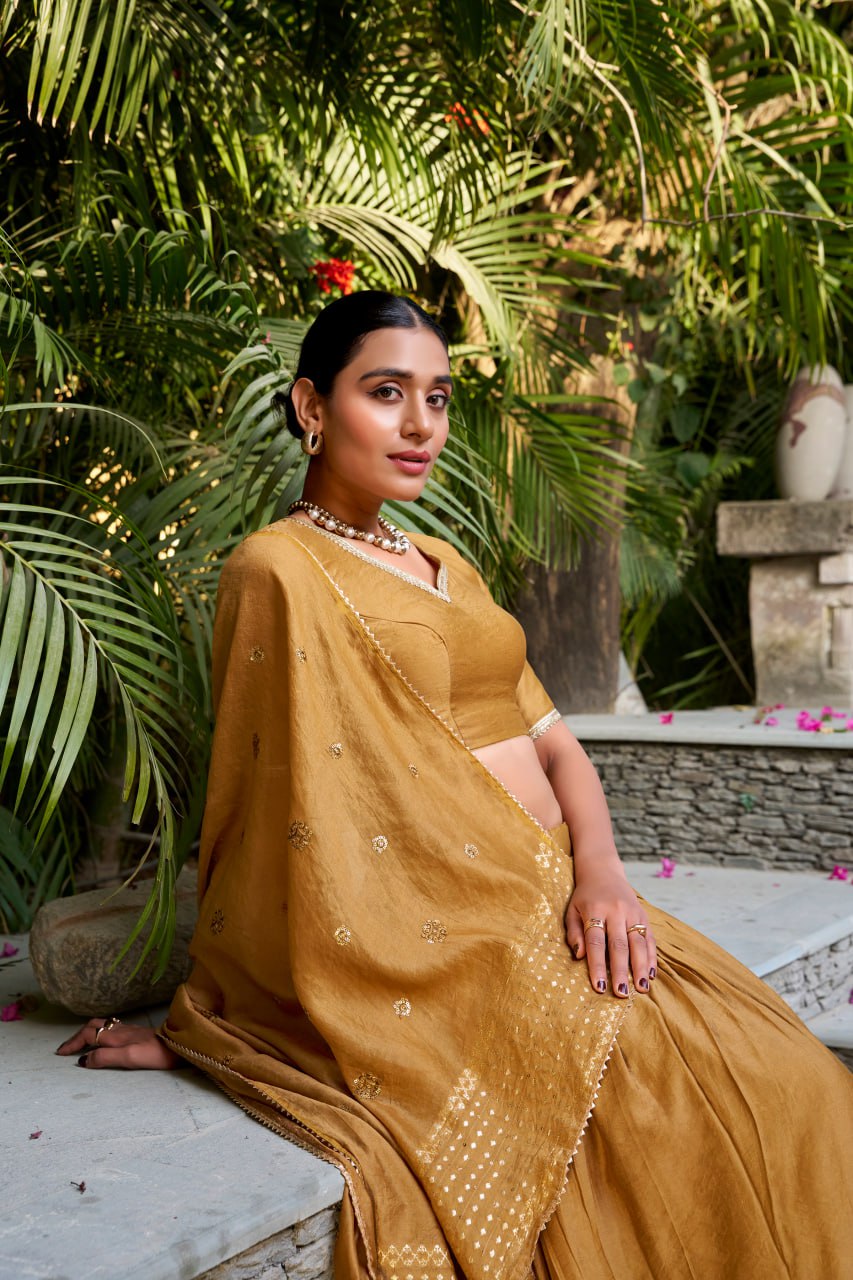 Pure Chanderi Mustard Yellow Chaniya Choli for Navratri with Zari Weaving Border & Sequins Dupatta