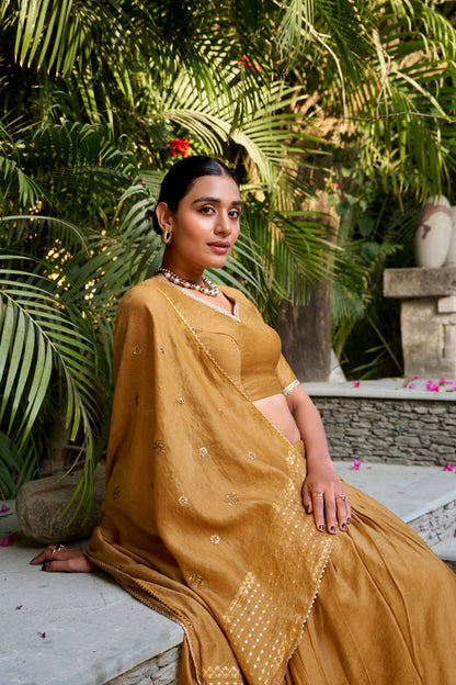 Pure Chanderi Mustard Yellow Chaniya Choli for Navratri with Zari Weaving Border & Sequins Dupatta